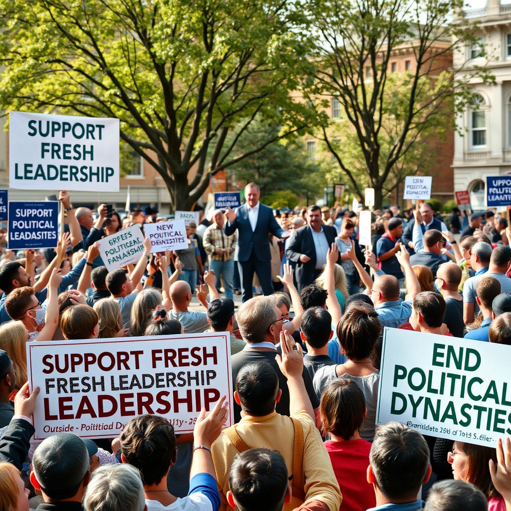 A scene depicting a public rally advocating for political reform and the support of new candidates outside political dynasties
