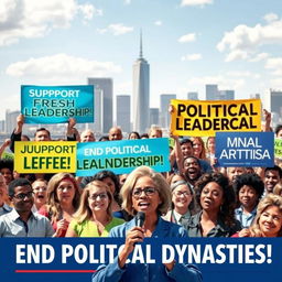 A vibrant and engaging political campaign poster depicting a diverse group of enthusiastic people of various ages, genders, and ethnicities, gathered in a lively public space