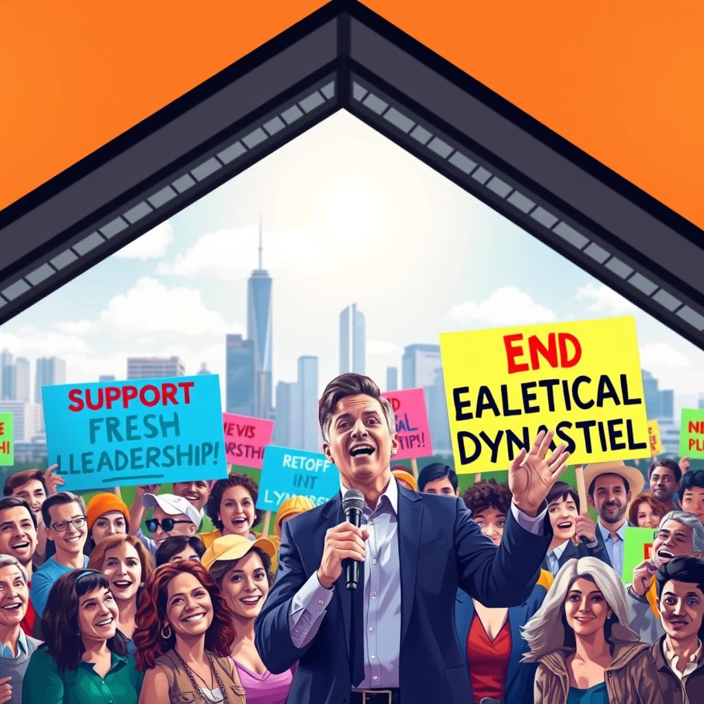 A vibrant and engaging political campaign poster depicting a diverse group of enthusiastic people of various ages, genders, and ethnicities, gathered in a lively public space