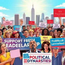 A vibrant and engaging political campaign poster depicting a diverse group of enthusiastic people of various ages, genders, and ethnicities, gathered in a lively public space