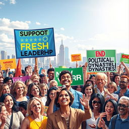 A vibrant and engaging political campaign poster depicting a diverse group of enthusiastic people of various ages, genders, and ethnicities, gathered in a lively public space