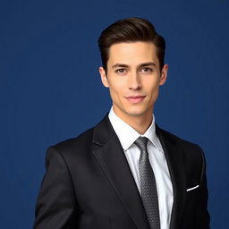 A model wearing formal attire, elegantly dressed in a tailored black suit with a crisp white shirt and a patterned tie, posing confidently against a plain blue background