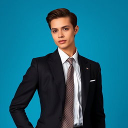 A model wearing formal attire, elegantly dressed in a tailored black suit with a crisp white shirt and a patterned tie, posing confidently against a plain blue background