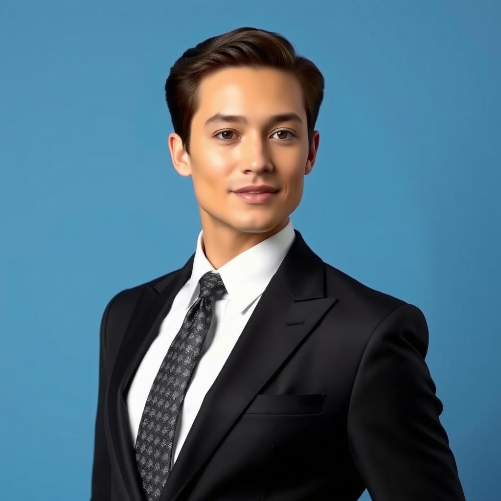 A model wearing formal attire, elegantly dressed in a tailored black suit with a crisp white shirt and a patterned tie, posing confidently against a plain blue background
