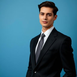 A model wearing formal attire, elegantly dressed in a tailored black suit with a crisp white shirt and a patterned tie, posing confidently against a plain blue background