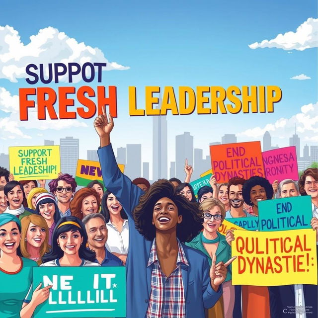A vibrant and engaging political campaign poster depicting a diverse group of enthusiastic people of various ages, genders, and ethnicities, gathered in a lively public space