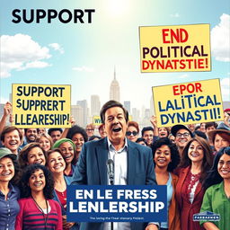 A vibrant and engaging political campaign poster depicting a diverse group of enthusiastic people of various ages, genders, and ethnicities, gathered in a lively public space