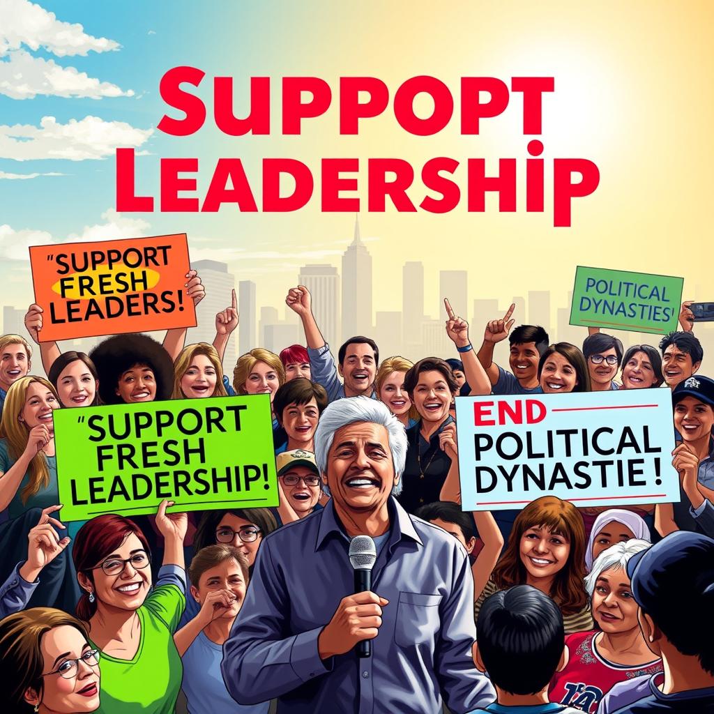 A vibrant and engaging political campaign poster depicting a diverse group of enthusiastic people of various ages, genders, and ethnicities, gathered in a lively public space