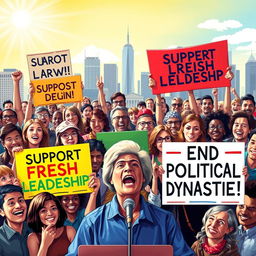 A vibrant and engaging political campaign poster depicting a diverse group of enthusiastic people of various ages, genders, and ethnicities, gathered in a lively public space