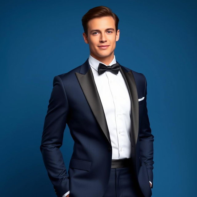 A model in formal attire, showcasing a stylish navy blue tuxedo with a crisp white dress shirt and a sleek black bow tie, standing confidently against a plain blue background