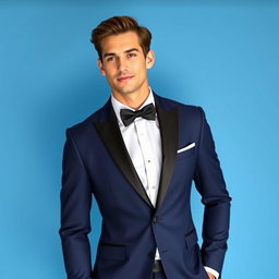 A model in formal attire, showcasing a stylish navy blue tuxedo with a crisp white dress shirt and a sleek black bow tie, standing confidently against a plain blue background