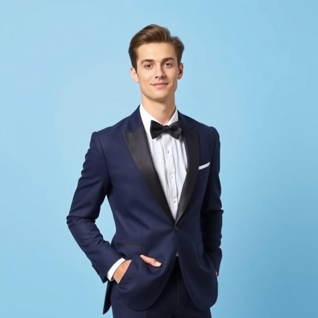 A model in formal attire, showcasing a stylish navy blue tuxedo with a crisp white dress shirt and a sleek black bow tie, standing confidently against a plain blue background