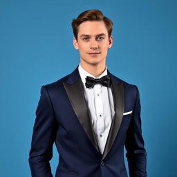 A model in formal attire, showcasing a stylish navy blue tuxedo with a crisp white dress shirt and a sleek black bow tie, standing confidently against a plain blue background