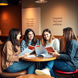 A warm and inviting scene depicting a group of young adults sitting together in a cozy café, engaged in a focused yet friendly discussion about their career aspirations and job offers