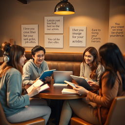 A warm and inviting scene depicting a group of young adults sitting together in a cozy café, engaged in a focused yet friendly discussion about their career aspirations and job offers
