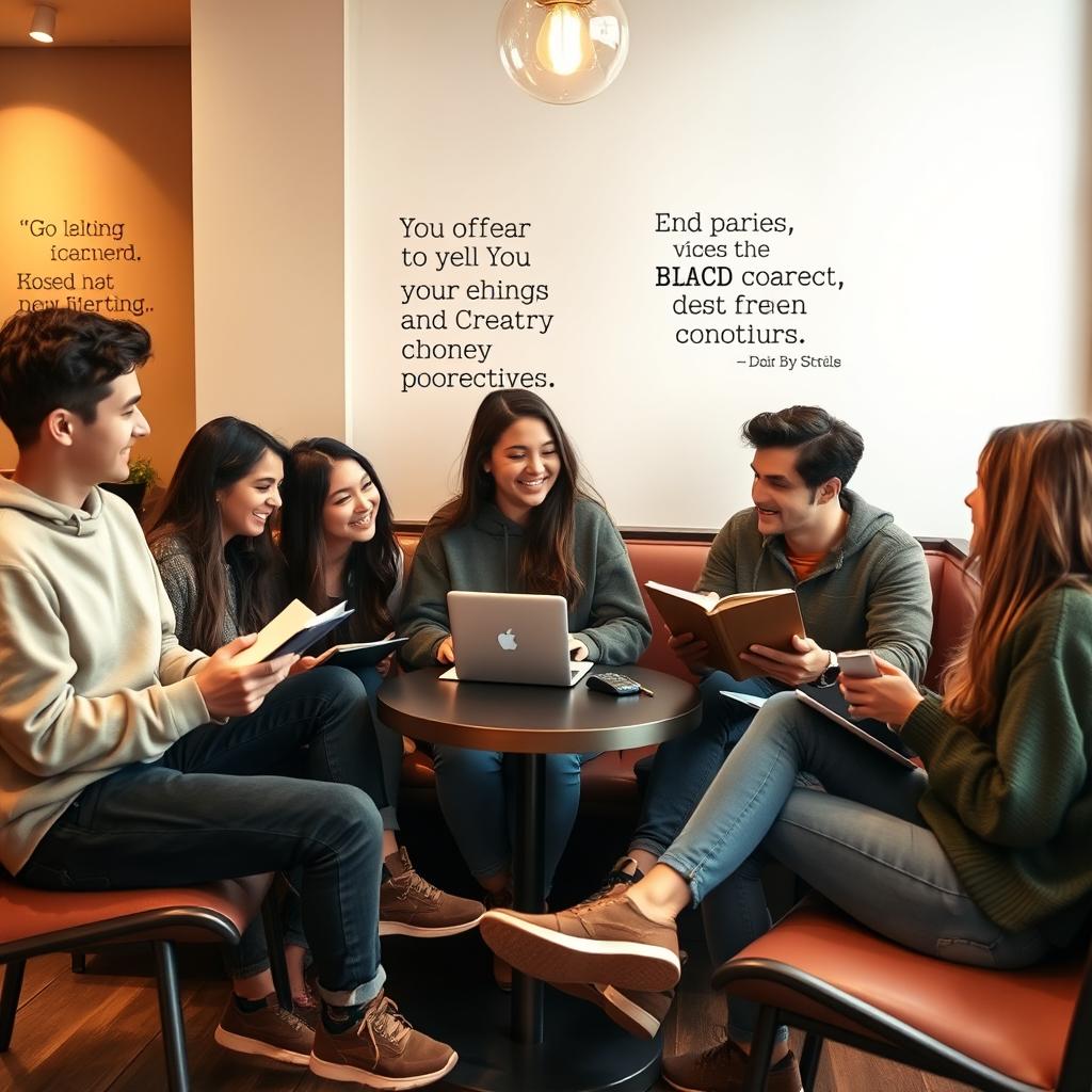A warm and inviting scene depicting a group of young adults sitting together in a cozy café, engaged in a focused yet friendly discussion about their career aspirations and job offers