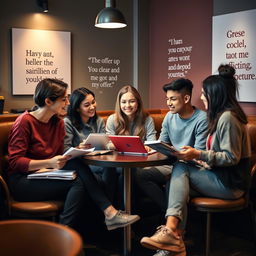 A warm and inviting scene depicting a group of young adults sitting together in a cozy café, engaged in a focused yet friendly discussion about their career aspirations and job offers