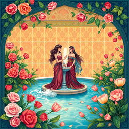 A vibrant and intricate illustration inspired by traditional Iranian painting styles, featuring lush floral motifs, geometric patterns, and elegant figures adorned in rich, colorful fabrics