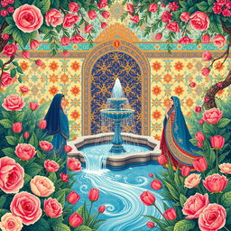 A vibrant and intricate illustration inspired by traditional Iranian painting styles, featuring lush floral motifs, geometric patterns, and elegant figures adorned in rich, colorful fabrics