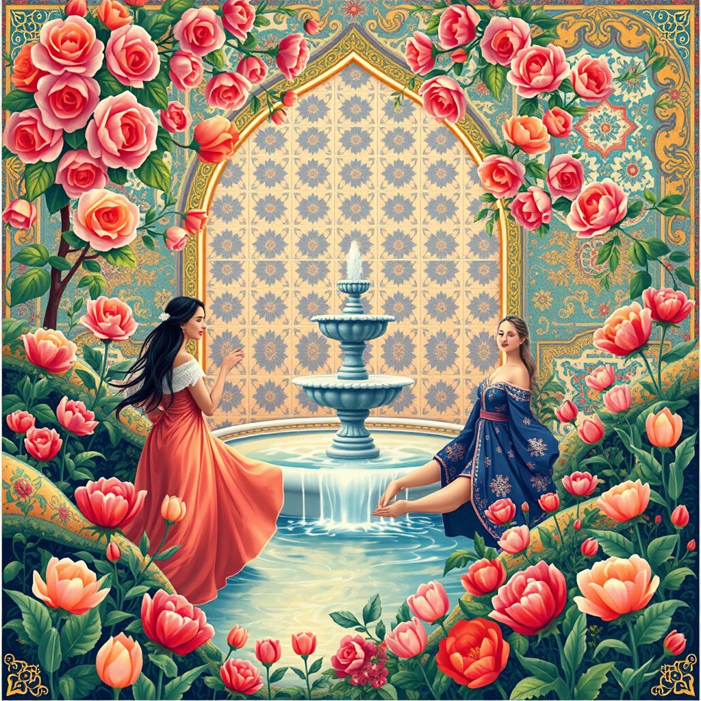 A vibrant and intricate illustration inspired by traditional Iranian painting styles, featuring lush floral motifs, geometric patterns, and elegant figures adorned in rich, colorful fabrics