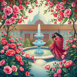 A vibrant and intricate illustration inspired by traditional Iranian painting styles, featuring lush floral motifs, geometric patterns, and elegant figures adorned in rich, colorful fabrics