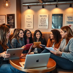 An inspiring scene capturing a group of friends in a cozy, modern café, engaged in a lively discussion about their job offers and career aspirations