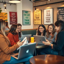 An inspiring scene capturing a group of friends in a cozy, modern café, engaged in a lively discussion about their job offers and career aspirations