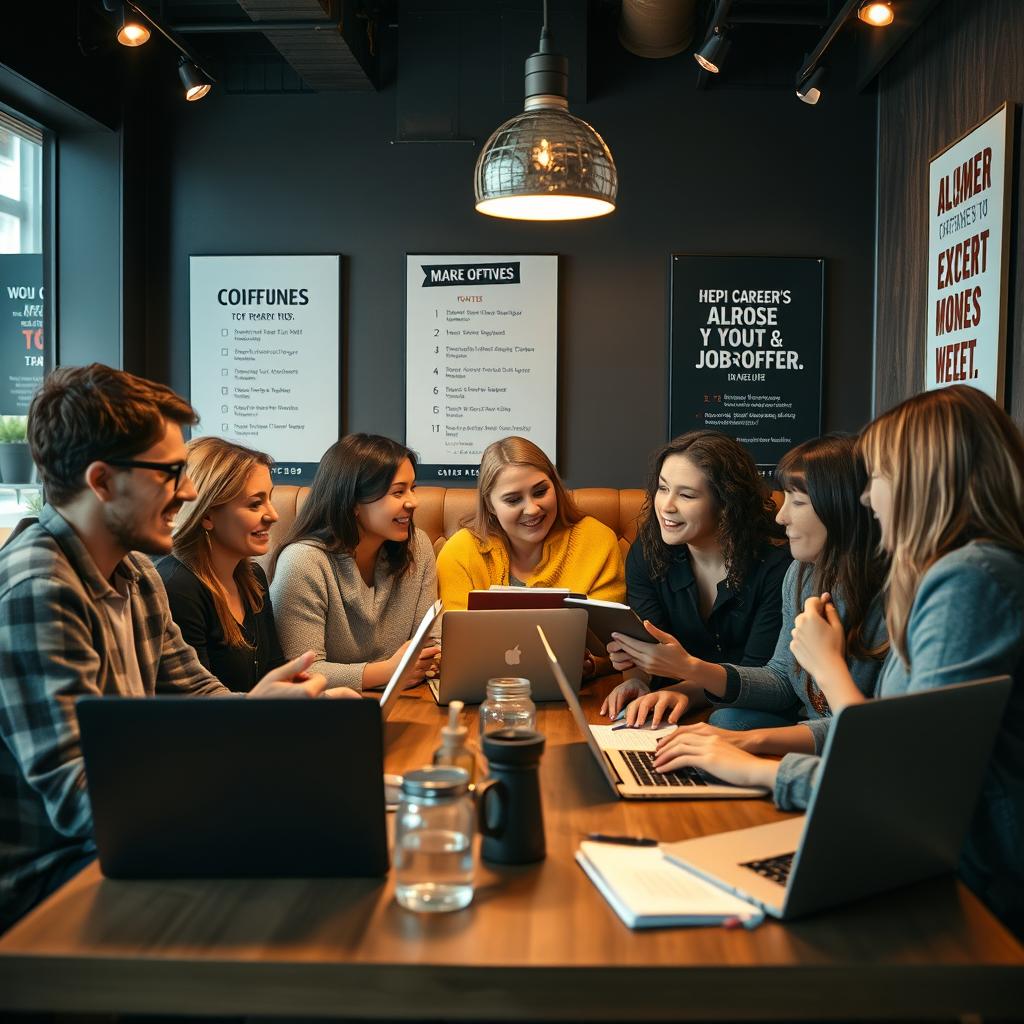 An inspiring scene capturing a group of friends in a cozy, modern café, engaged in a lively discussion about their job offers and career aspirations