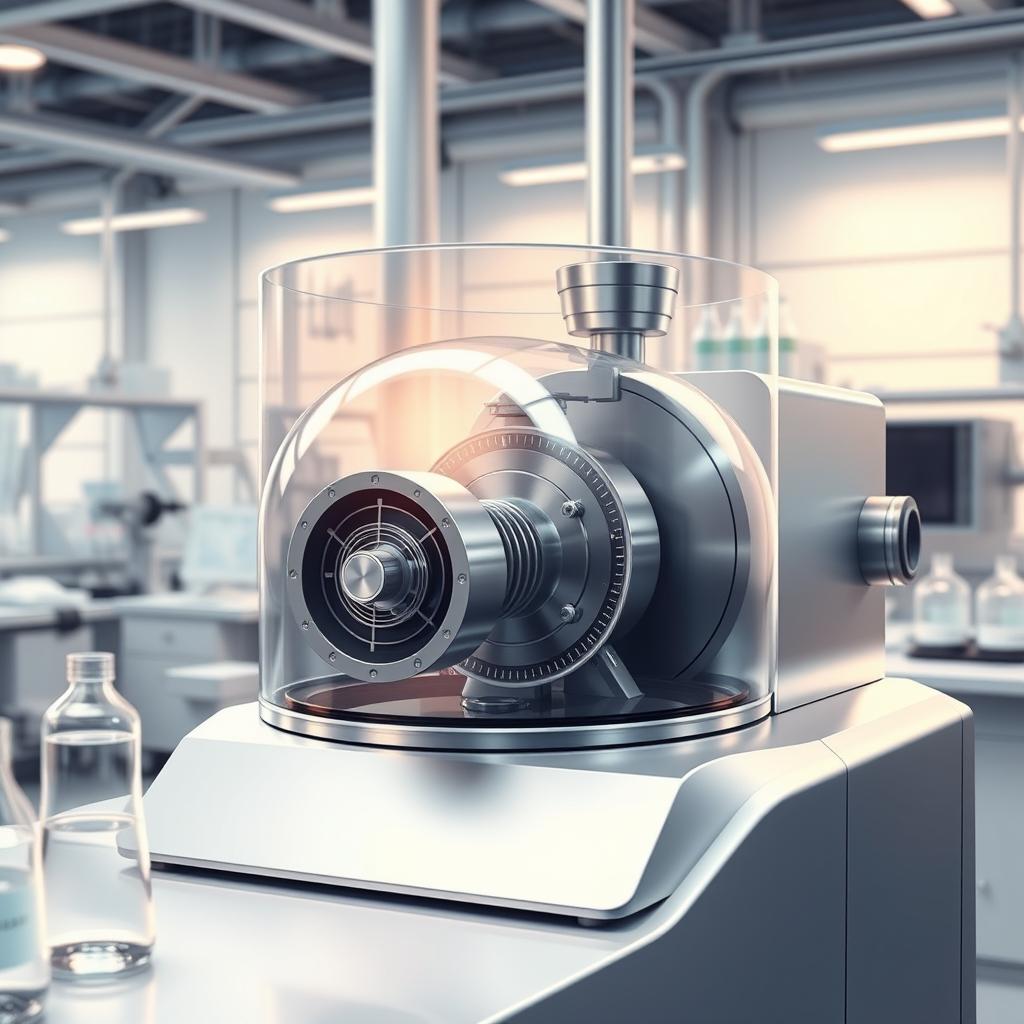 A highly detailed and realistic illustration of a decanter centrifuge in a modern industrial setting