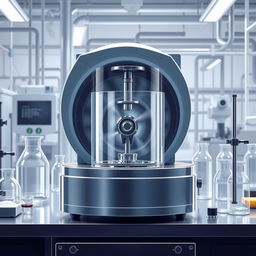 A highly detailed and realistic illustration of a decanter centrifuge in a modern industrial setting