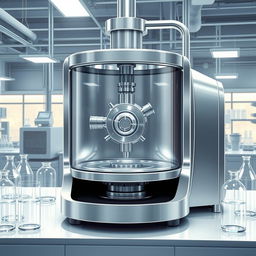 A highly detailed and realistic illustration of a decanter centrifuge in a modern industrial setting