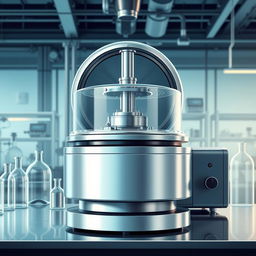 A highly detailed and realistic illustration of a decanter centrifuge in a modern industrial setting