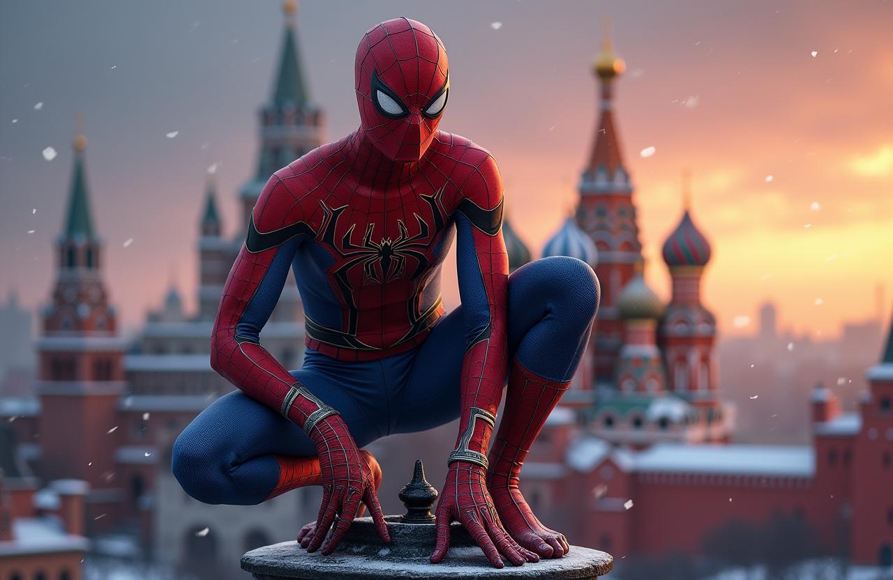 A compelling depiction of Russian Spider-Man, blending traditional elements of Russian culture with the quintessential Spider-Man costume