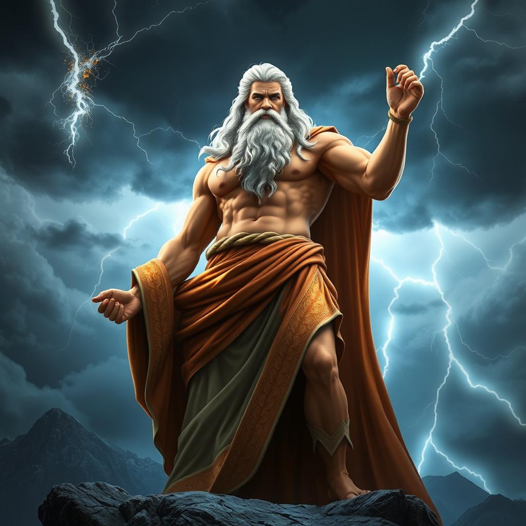 An imposing and majestic depiction of Zeus, the Greek god of thunder, standing atop Mount Olympus