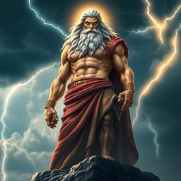 An imposing and majestic depiction of Zeus, the Greek god of thunder, standing atop Mount Olympus