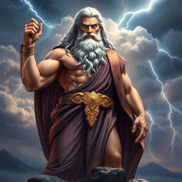 An imposing and majestic depiction of Zeus, the Greek god of thunder, standing atop Mount Olympus