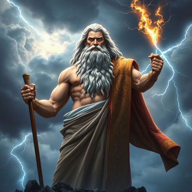 An imposing and majestic depiction of Zeus, the Greek god of thunder, standing atop Mount Olympus