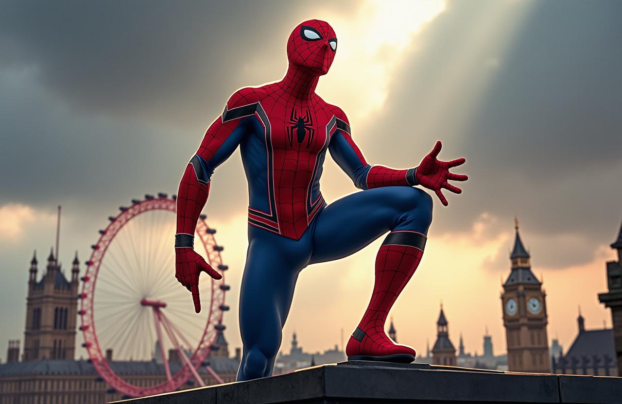An eye-catching illustration of British Spider-Man, integrating classic British elements into the iconic Spider-Man costume