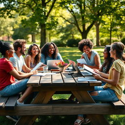 An uplifting and inspiring scene of a diverse group of friends sitting at an outdoor picnic table in a sunlit park, engaged in animated discussions about their career goals and job offers