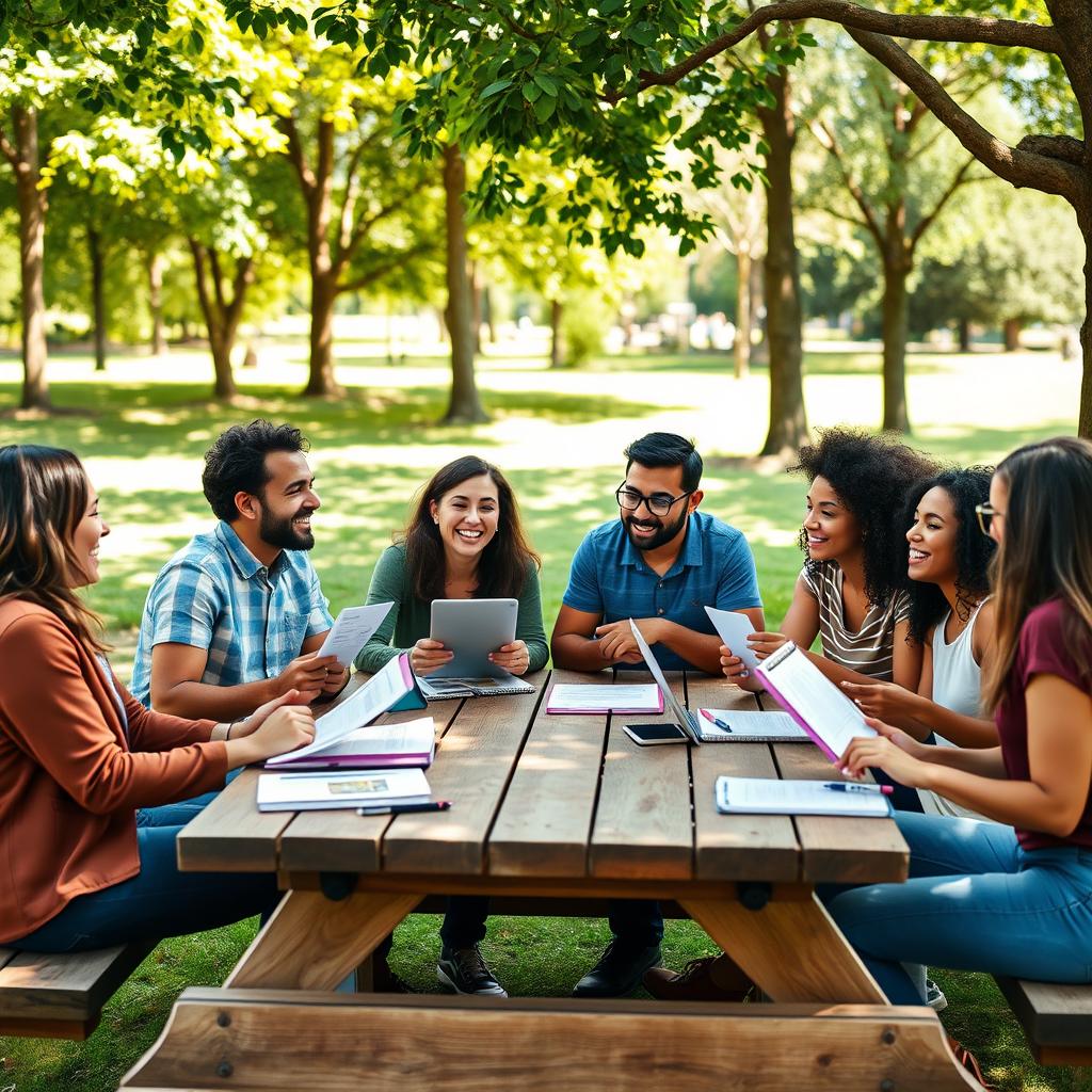An uplifting and inspiring scene of a diverse group of friends sitting at an outdoor picnic table in a sunlit park, engaged in animated discussions about their career goals and job offers
