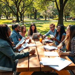 An uplifting and inspiring scene of a diverse group of friends sitting at an outdoor picnic table in a sunlit park, engaged in animated discussions about their career goals and job offers