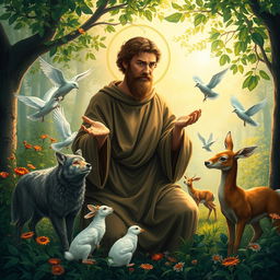 A serene and mystical depiction of Saint Francis of Assisi surrounded by various canticle creatures