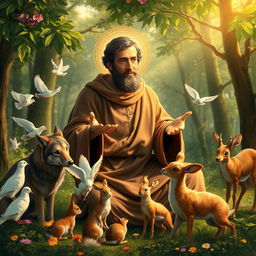 A serene and mystical depiction of Saint Francis of Assisi surrounded by various canticle creatures
