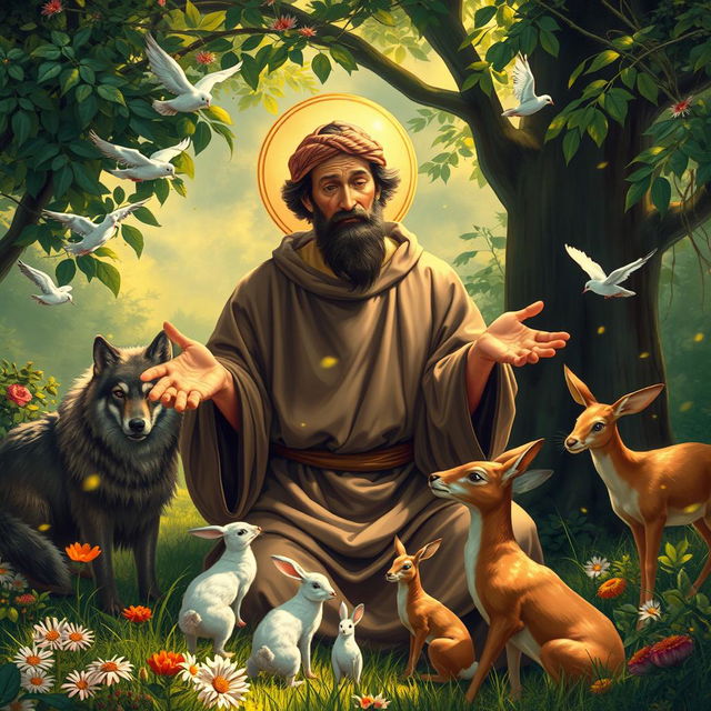 A serene and mystical depiction of Saint Francis of Assisi surrounded by various canticle creatures