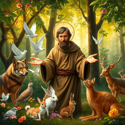 A serene and mystical depiction of Saint Francis of Assisi surrounded by various canticle creatures