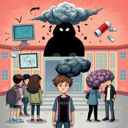 A dramatic and impactful illustration depicting various dangers threatening teenagers, such as cyberbullying represented by a shadowy figure behind a computer screen, substance abuse shown with broken glass and pills, peer pressure illustrated through a group of teens with one looking uncertain, and mental health issues symbolized by a dark cloud looming over a teenager's head
