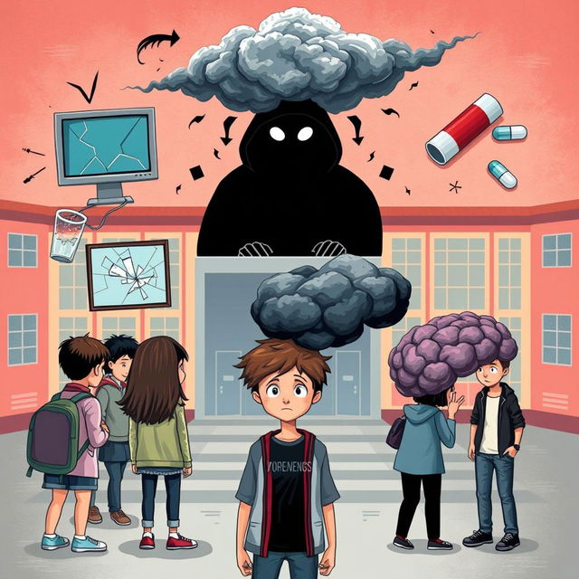 A dramatic and impactful illustration depicting various dangers threatening teenagers, such as cyberbullying represented by a shadowy figure behind a computer screen, substance abuse shown with broken glass and pills, peer pressure illustrated through a group of teens with one looking uncertain, and mental health issues symbolized by a dark cloud looming over a teenager's head