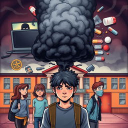 A dramatic and impactful illustration depicting various dangers threatening teenagers, such as cyberbullying represented by a shadowy figure behind a computer screen, substance abuse shown with broken glass and pills, peer pressure illustrated through a group of teens with one looking uncertain, and mental health issues symbolized by a dark cloud looming over a teenager's head