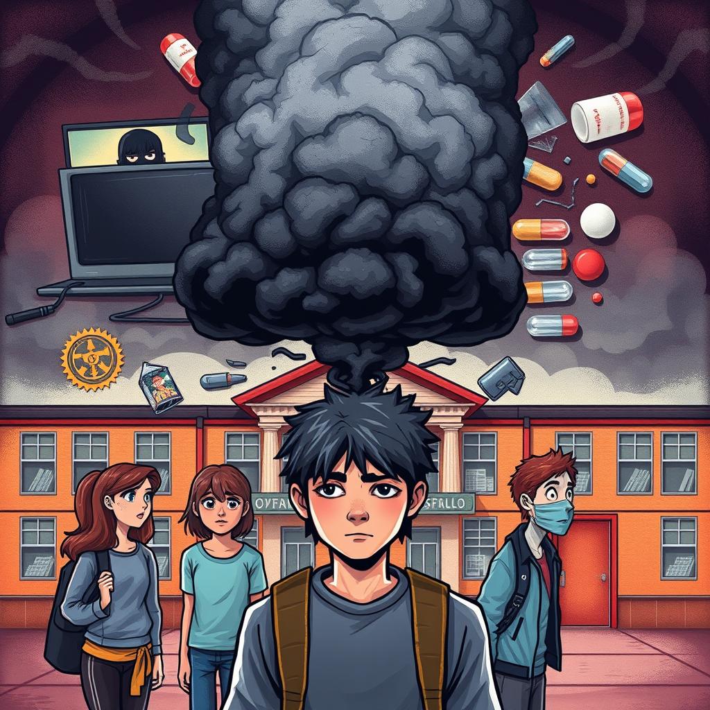 A dramatic and impactful illustration depicting various dangers threatening teenagers, such as cyberbullying represented by a shadowy figure behind a computer screen, substance abuse shown with broken glass and pills, peer pressure illustrated through a group of teens with one looking uncertain, and mental health issues symbolized by a dark cloud looming over a teenager's head