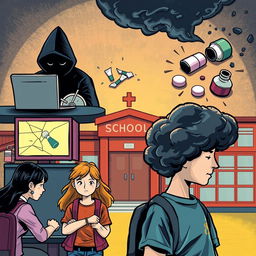 A dramatic and impactful illustration depicting various dangers threatening teenagers, such as cyberbullying represented by a shadowy figure behind a computer screen, substance abuse shown with broken glass and pills, peer pressure illustrated through a group of teens with one looking uncertain, and mental health issues symbolized by a dark cloud looming over a teenager's head